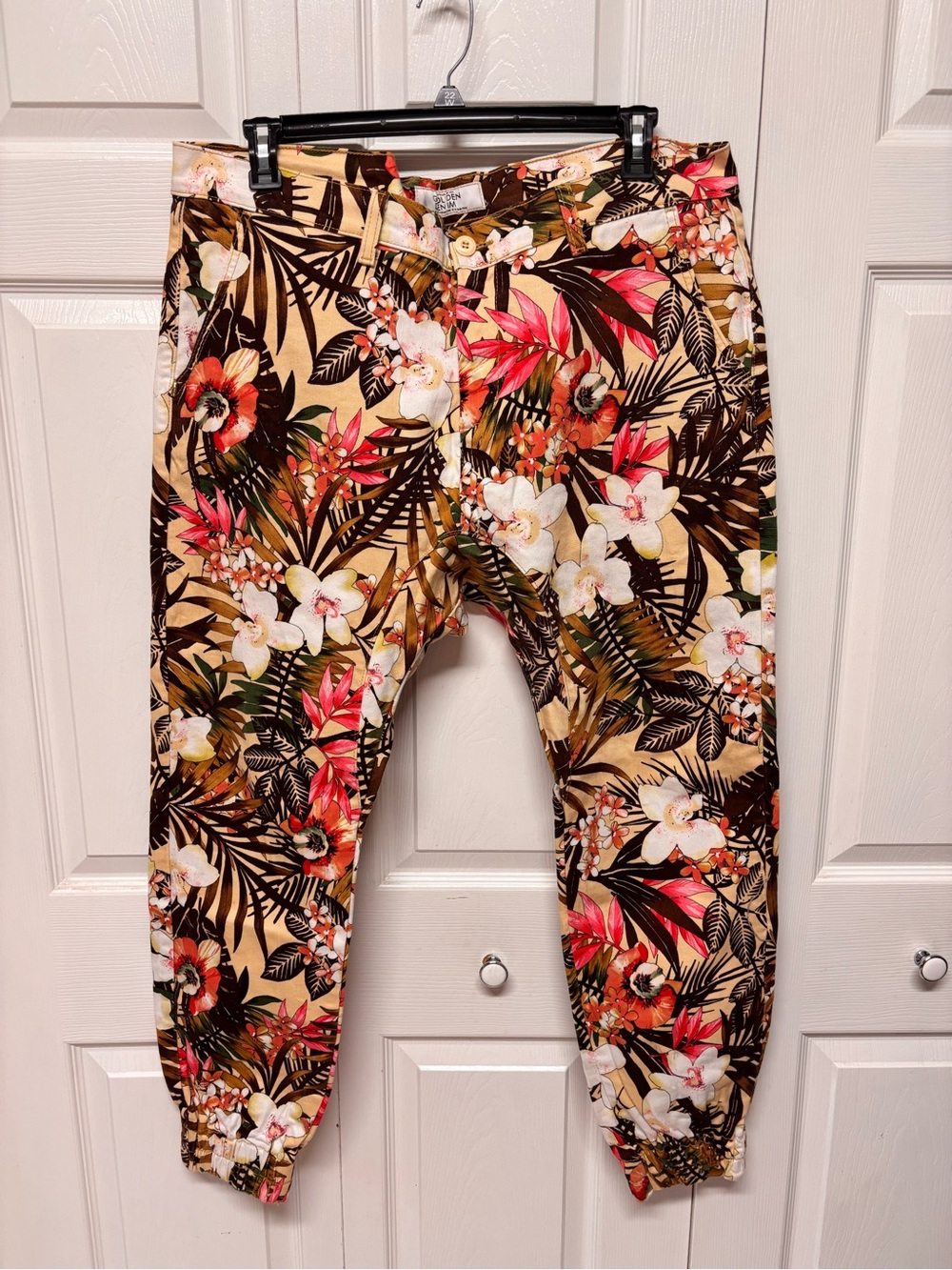 Golden Denim Tropical Floral Jogger Pants - Beige Multi - Picture 1 of 5